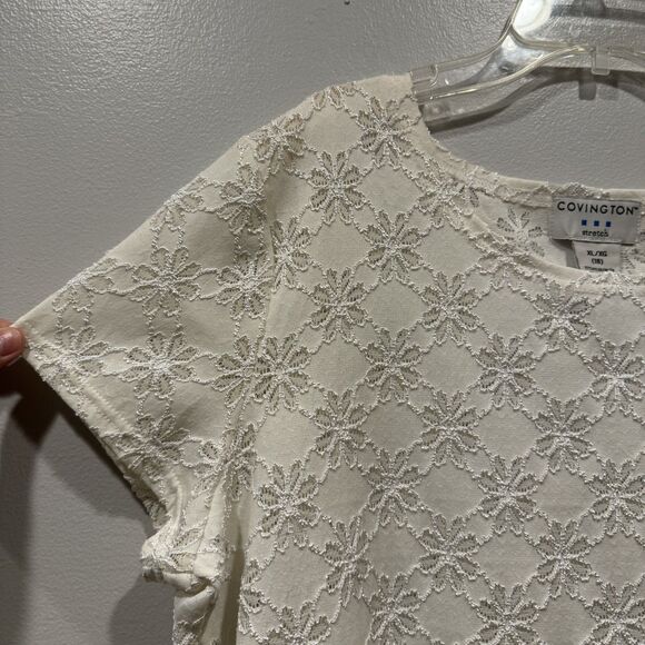 Covington Stretch Lace Top Floral Short Sleeve White Cottage Women sz XL 18 - Picture 6 of 7